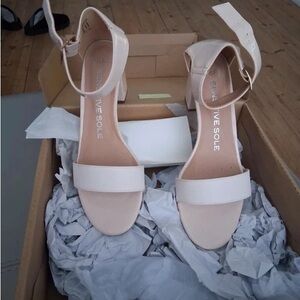 F&F Cream Ankle-Strap Block Heel Sandals